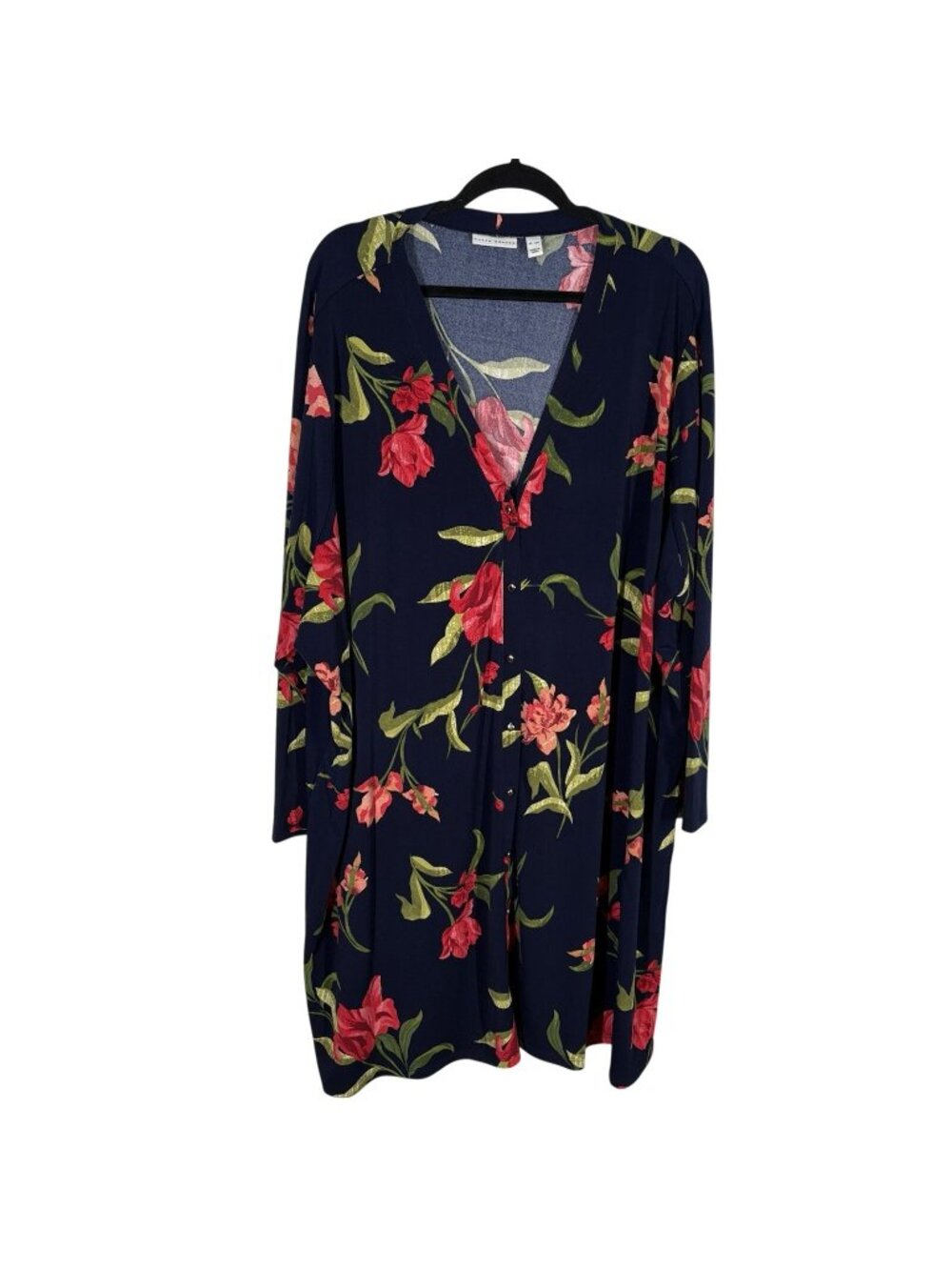 Susan Graver Sz 5XP Navy Floral Pockets Textured Liquid Knit Long Cardigan NWOT